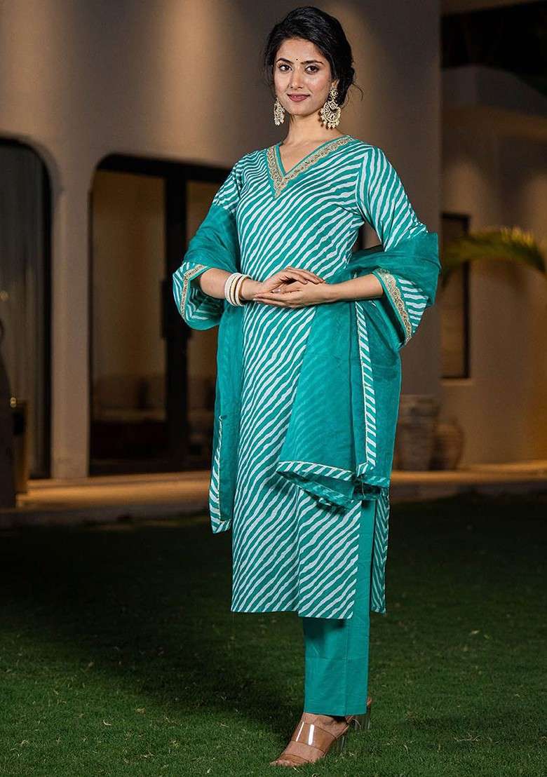 Green Striped Cotton Straight Kurta Set - Indya