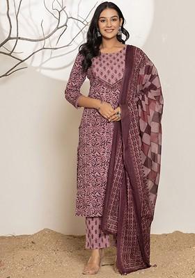 Purple Printed Cotton Kurta Set