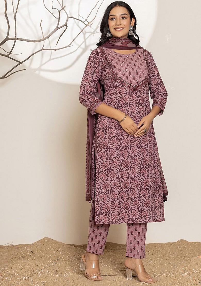 Purple Printed Cotton Kurta Set