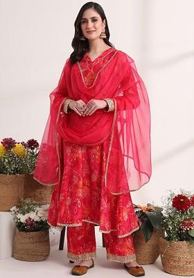 Pink Printed Poly Blend Kurta Set