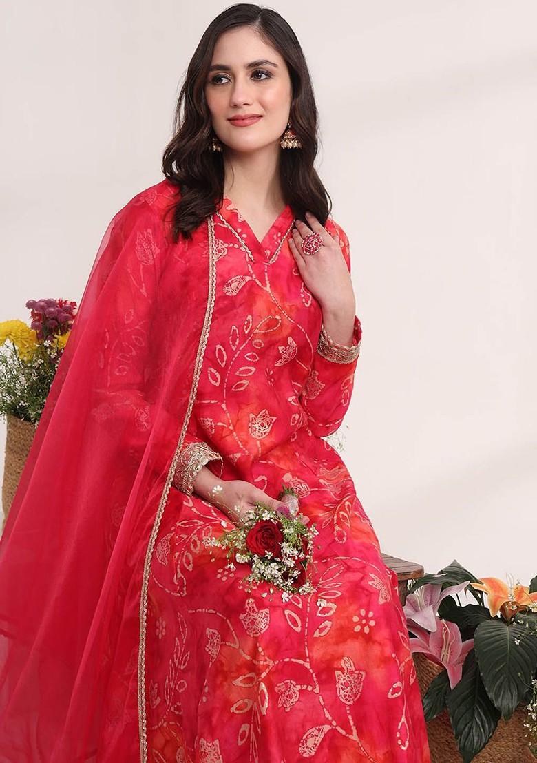 Pink Printed Poly Blend Kurta Set