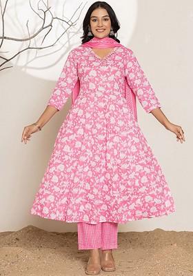 Pink Printed Cotton Kurta Set