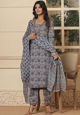 Grey Printed Cotton Kurta Set
