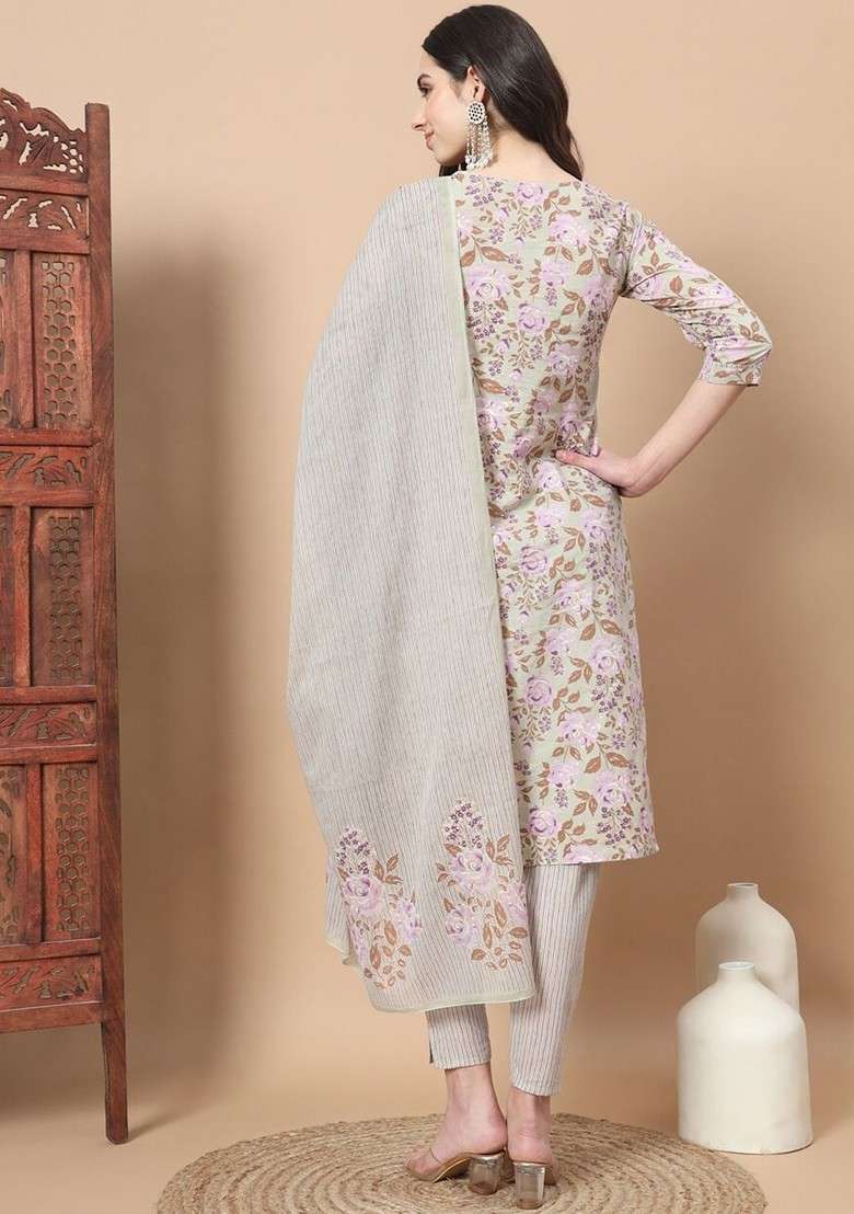 Grey Floral Print Cotton Straight Kurta Set - Indya
