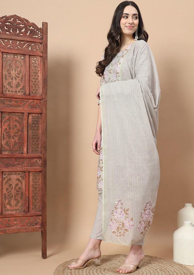 Grey Printed Cotton Kurta Set