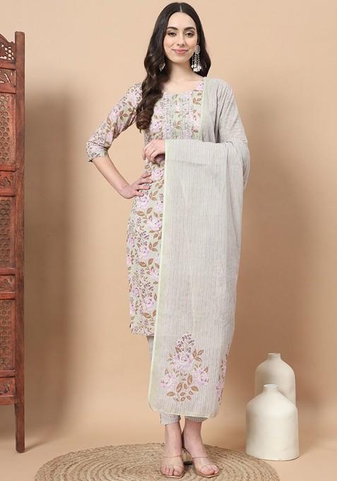 Grey Printed Cotton Kurta Set