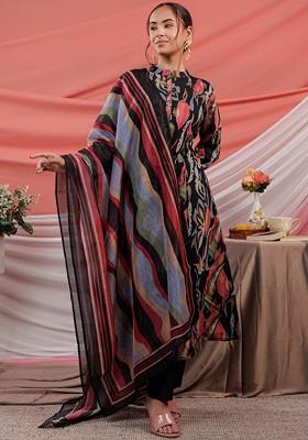 Black Embroidered Poly Blend Kurta Set