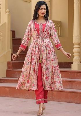 Pink Embroidered Poly Blend Co-Ord Set