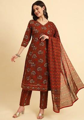 Red Printed Cotton Kurta Set