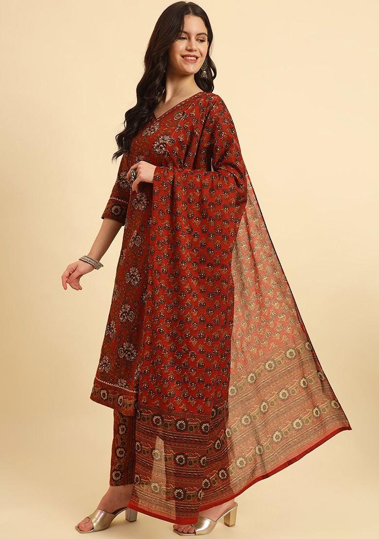 Red Printed Cotton Kurta Set