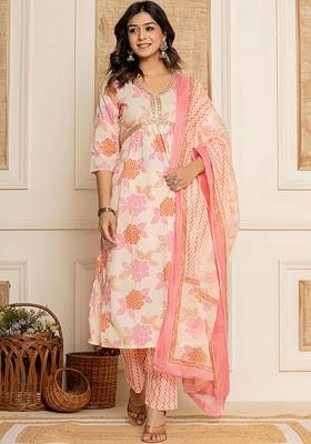 Cream Printed Cotton Kurta Set