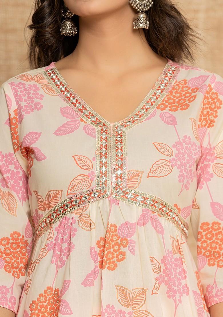 Cream Printed Cotton Kurta Set