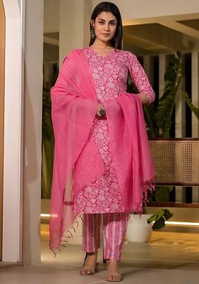 Pink Printed Cotton Kurta Set