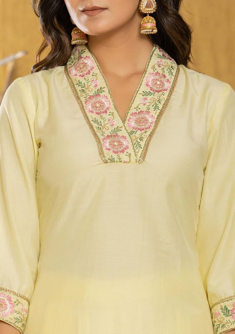 Yellow Embroidered Poly Blend Kurta Set