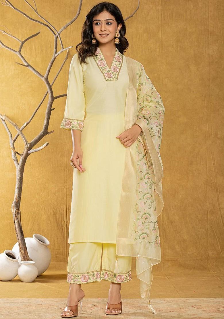 Yellow Embroidered Poly Blend Kurta Set