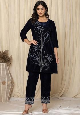 Blue Embroidered Poly Blend Co-Ord Set