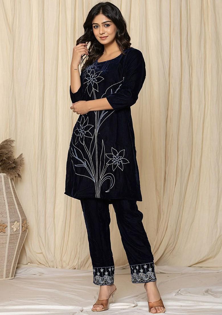 Blue Embroidered Poly Blend Co-Ord Set