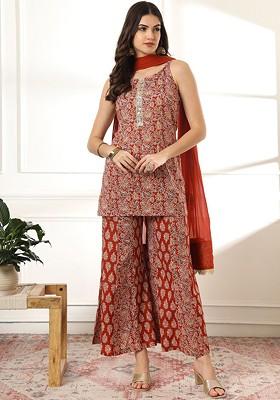 Orange Printed Cotton Kurta Set