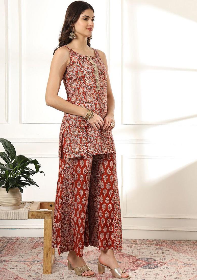 Orange Printed Cotton Kurta Set