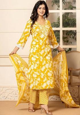 Yellow Printed Cotton Kurta Set