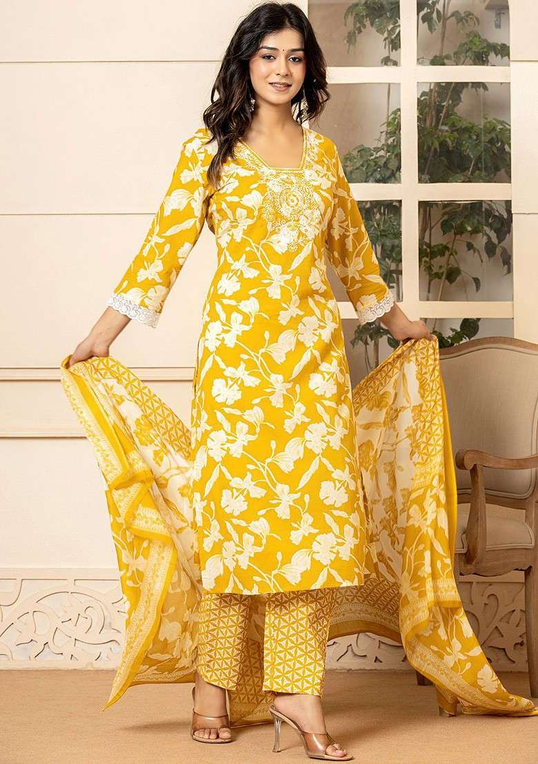 Yellow Floral Print Cotton Straight Kurta Set - Indya