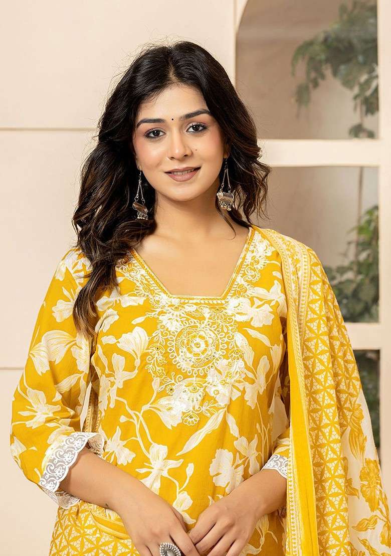 Yellow Floral Print Cotton Straight Kurta Set - Indya