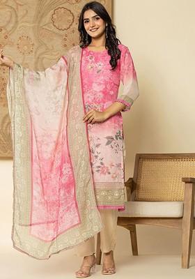 Pink Printed Poly Blend Kurta Set
