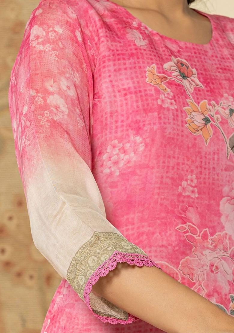 Pink Printed Poly Blend Kurta Set