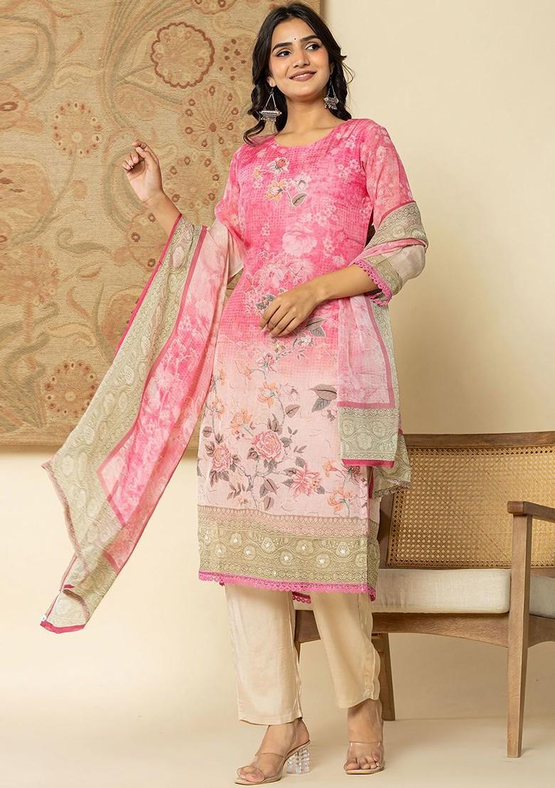 Pink Printed Poly Blend Kurta Set