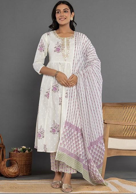 White Embroidered Cotton Kurta Set