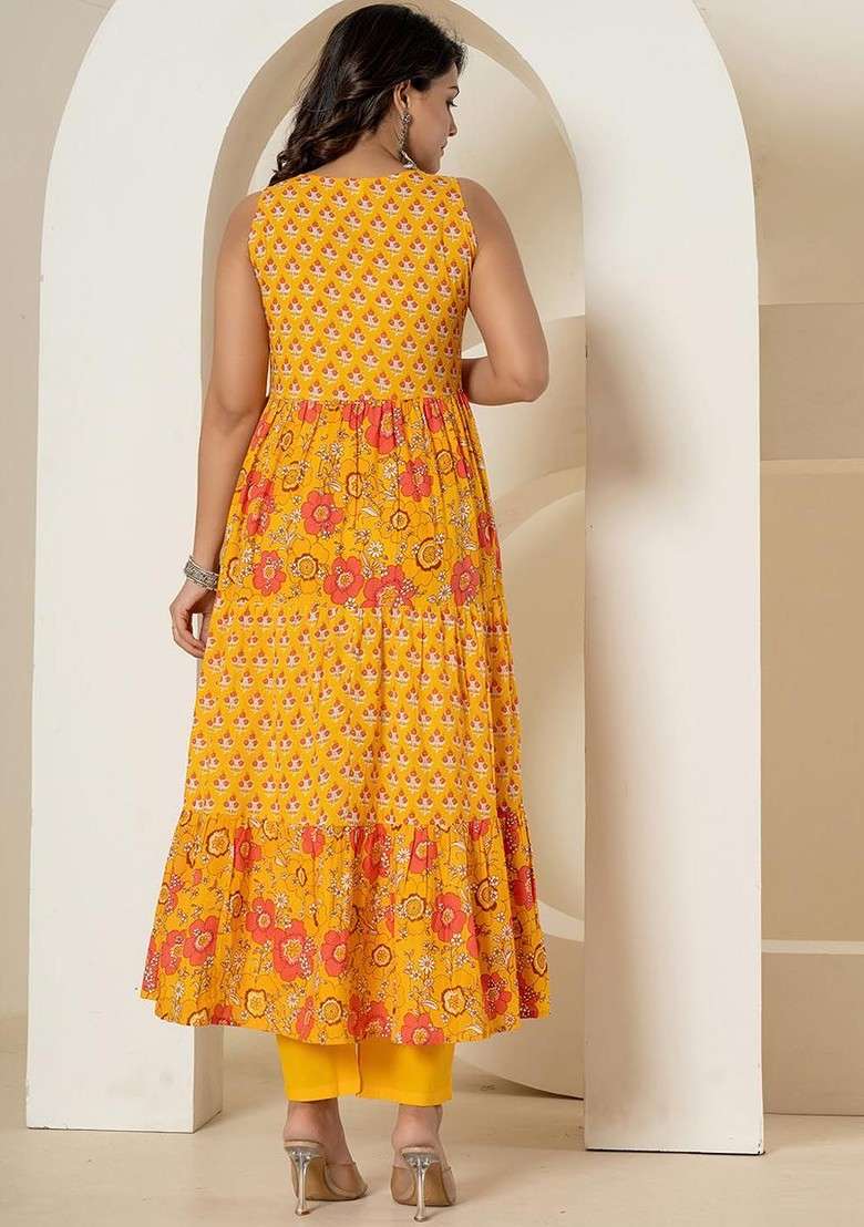 Yellow Printed Cotton Anarkali Set - Indya