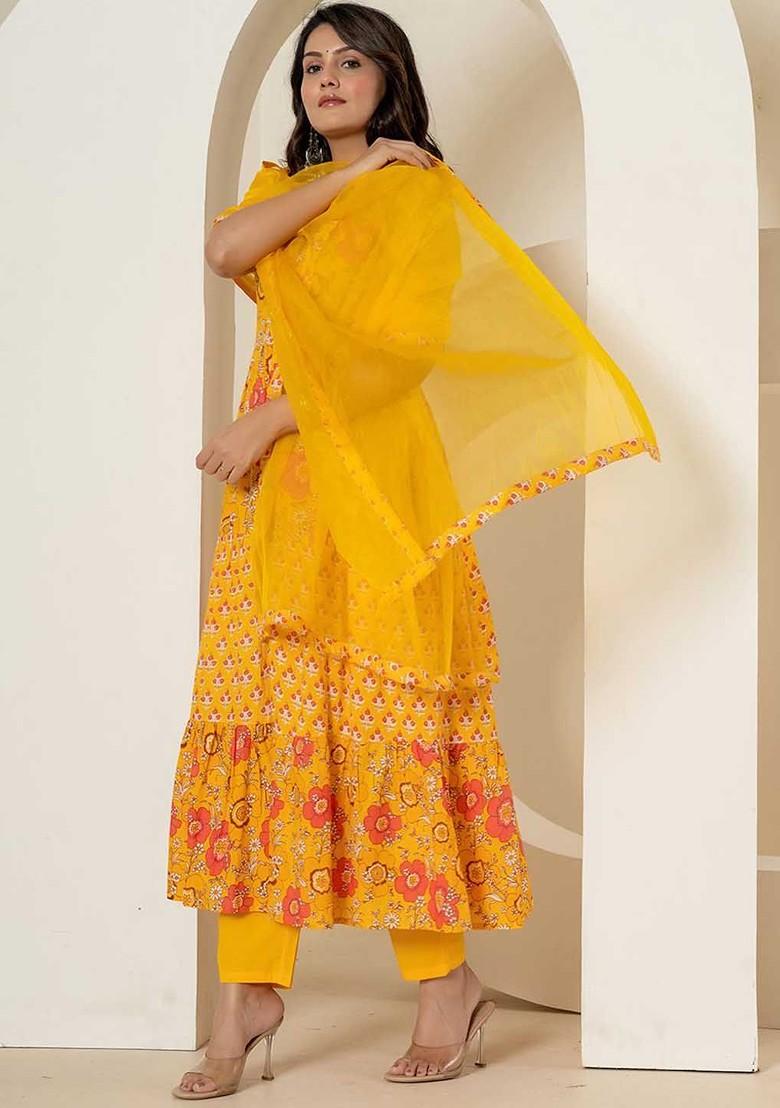 Yellow Printed Cotton Kurta Set