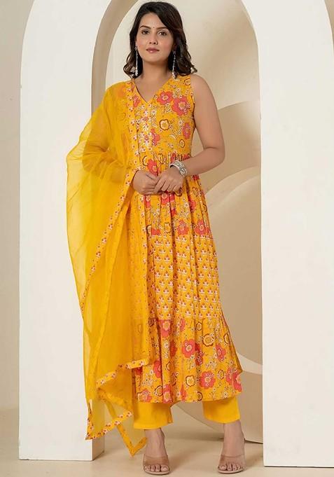 Yellow Printed Cotton Anarkali Set — view on Indya