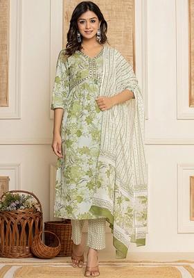 Green Embroidered Cotton A Line Kurta Set