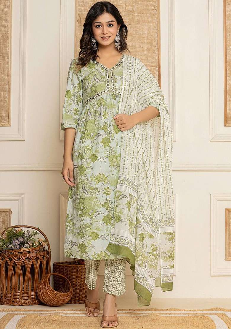 Green Embroidered Cotton A Line Kurta Set - Indya
