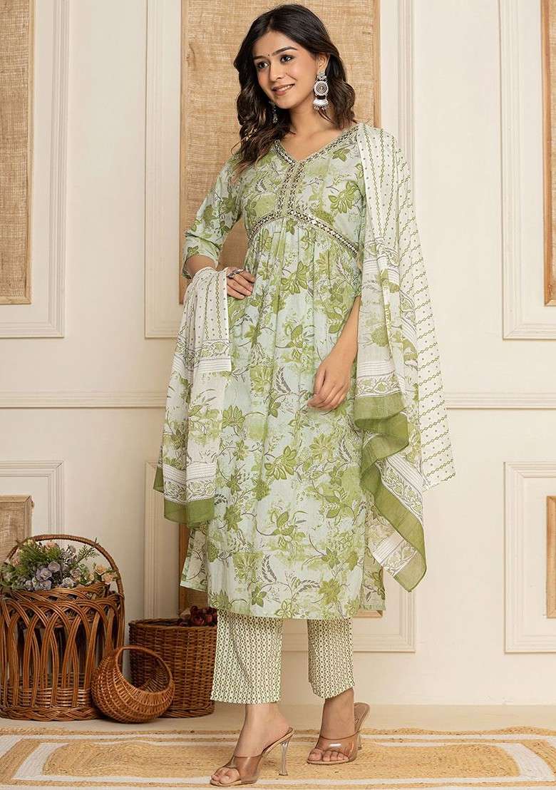 Green Embroidered Cotton A Line Kurta Set - Indya