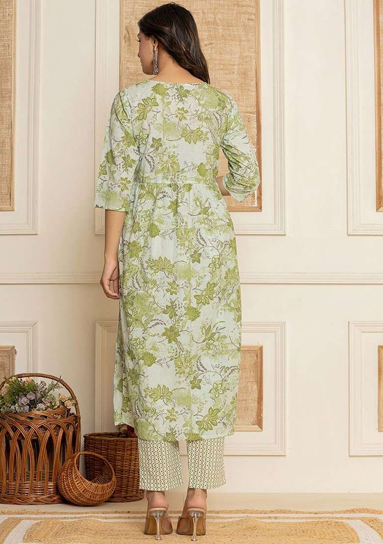 Green Embroidered Cotton A Line Kurta Set - Indya