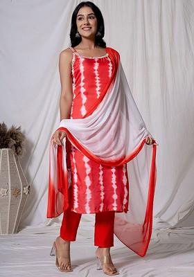 Red Poly Blend Kurta Set