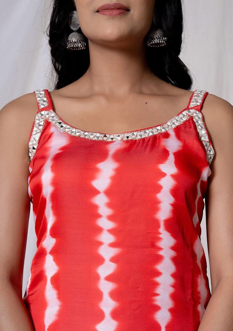 Red Poly Blend Kurta Set