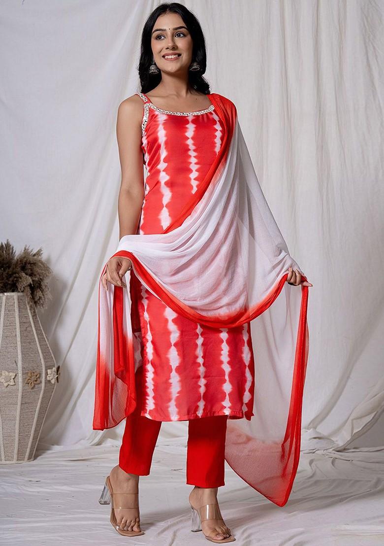 Red Poly Blend Kurta Set
