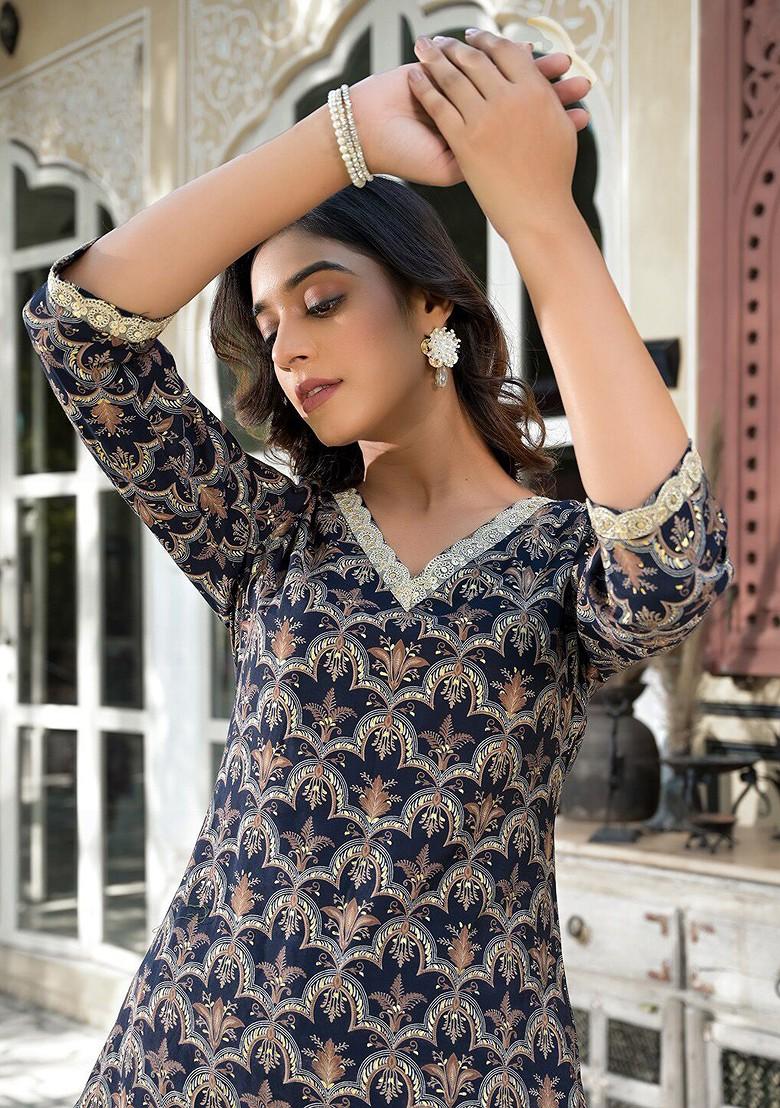 Blue Printed Poly Blend Kurta Set