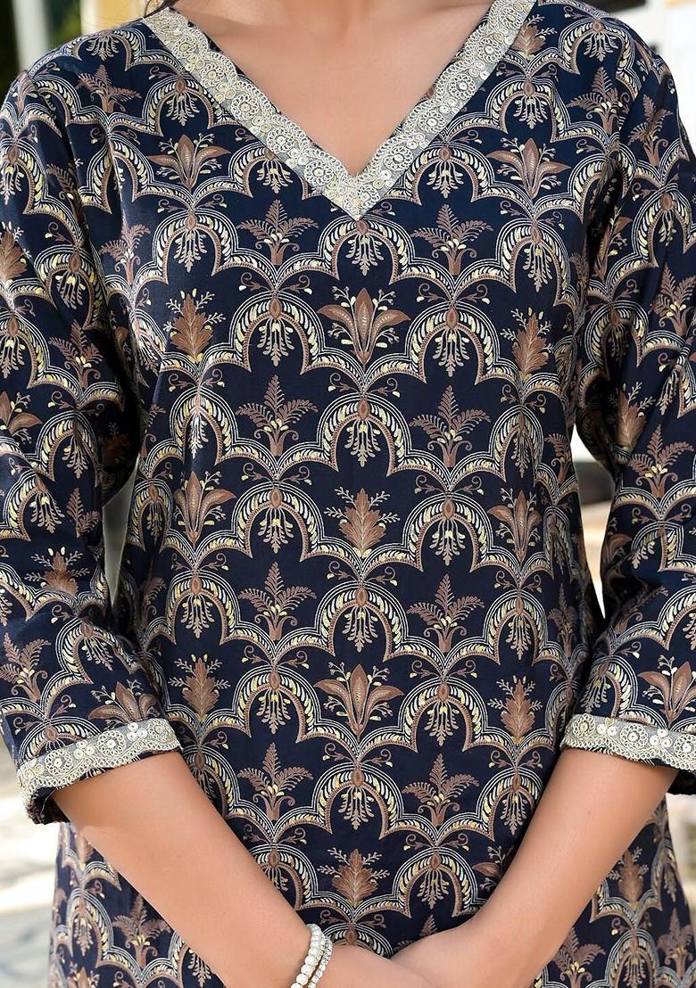 Blue Printed Poly Blend Kurta Set