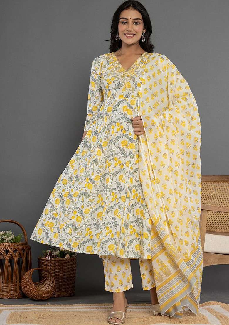 Yellow Floral Print Cotton A Line Kurta Set - Indya