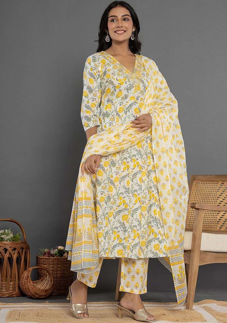 Yellow Floral Print Cotton A Line Kurta Set - Indya