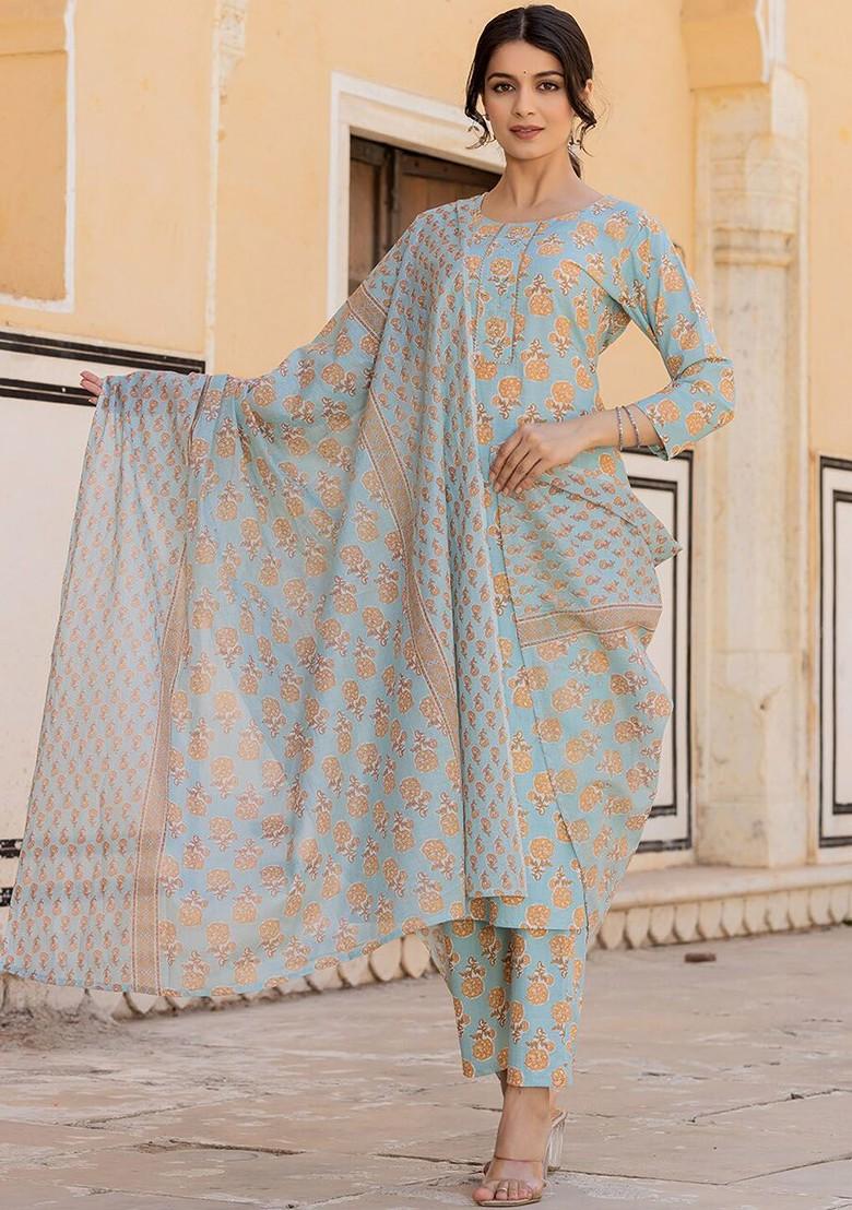 Blue Printed Cotton Kurta Set