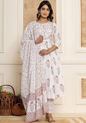 White Printed Cotton Kurta Set
