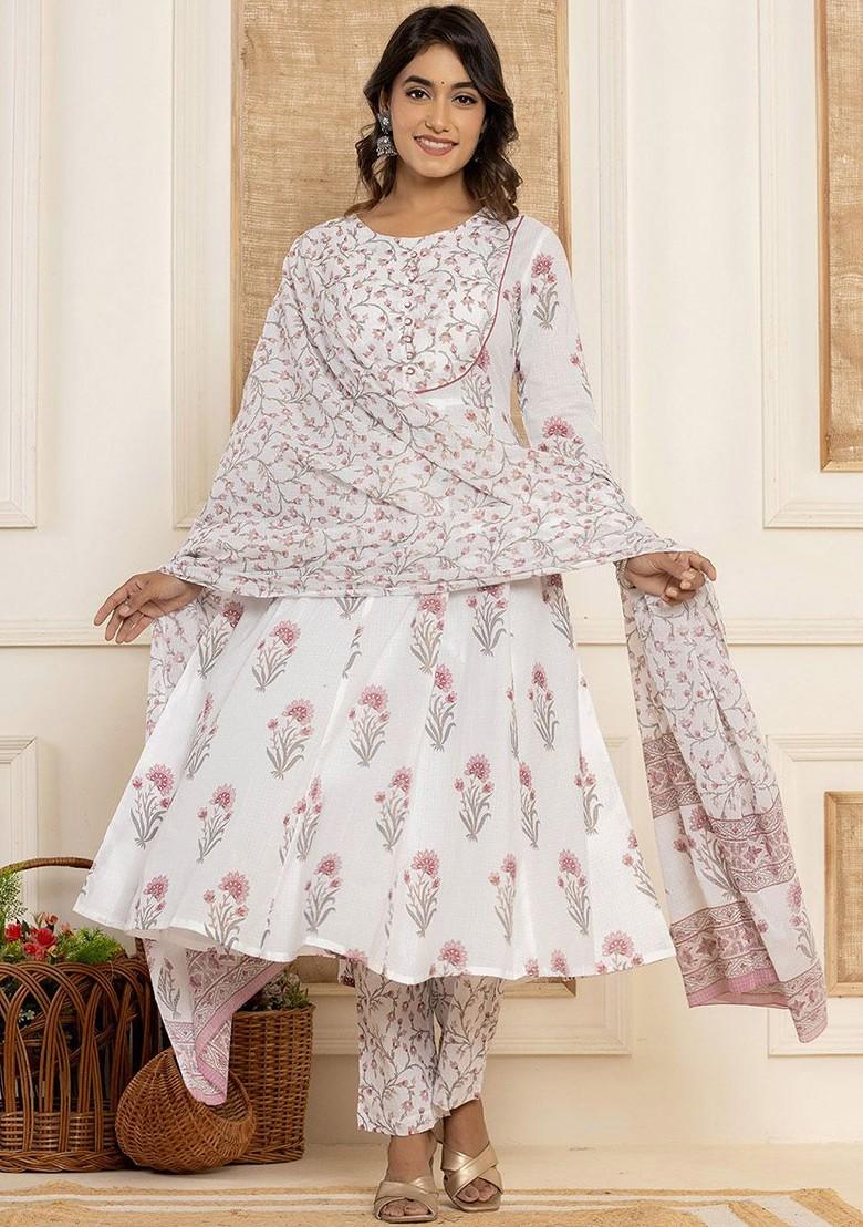 White Printed Cotton Kurta Set