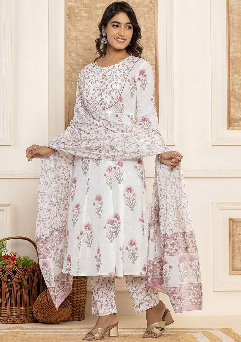White Printed Cotton Kurta Set