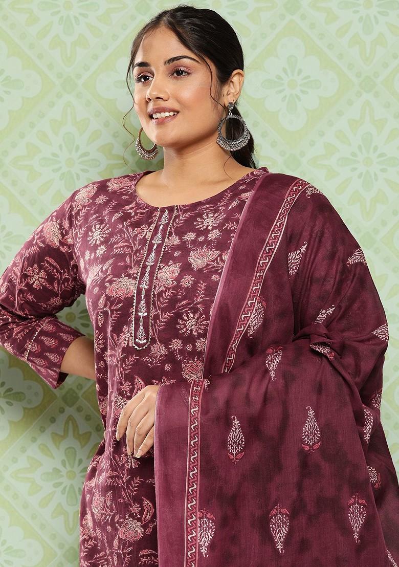 Maroon Printed Cotton Kurta Set