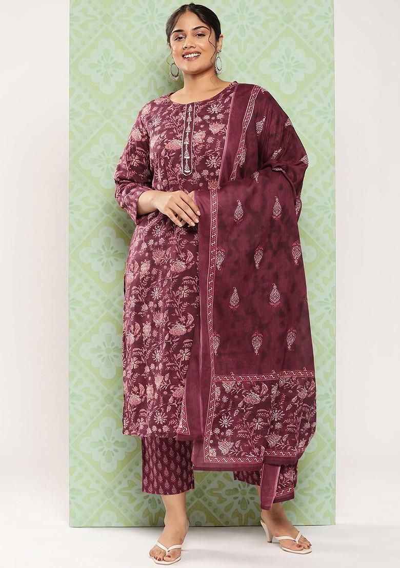 Maroon Printed Cotton Kurta Set